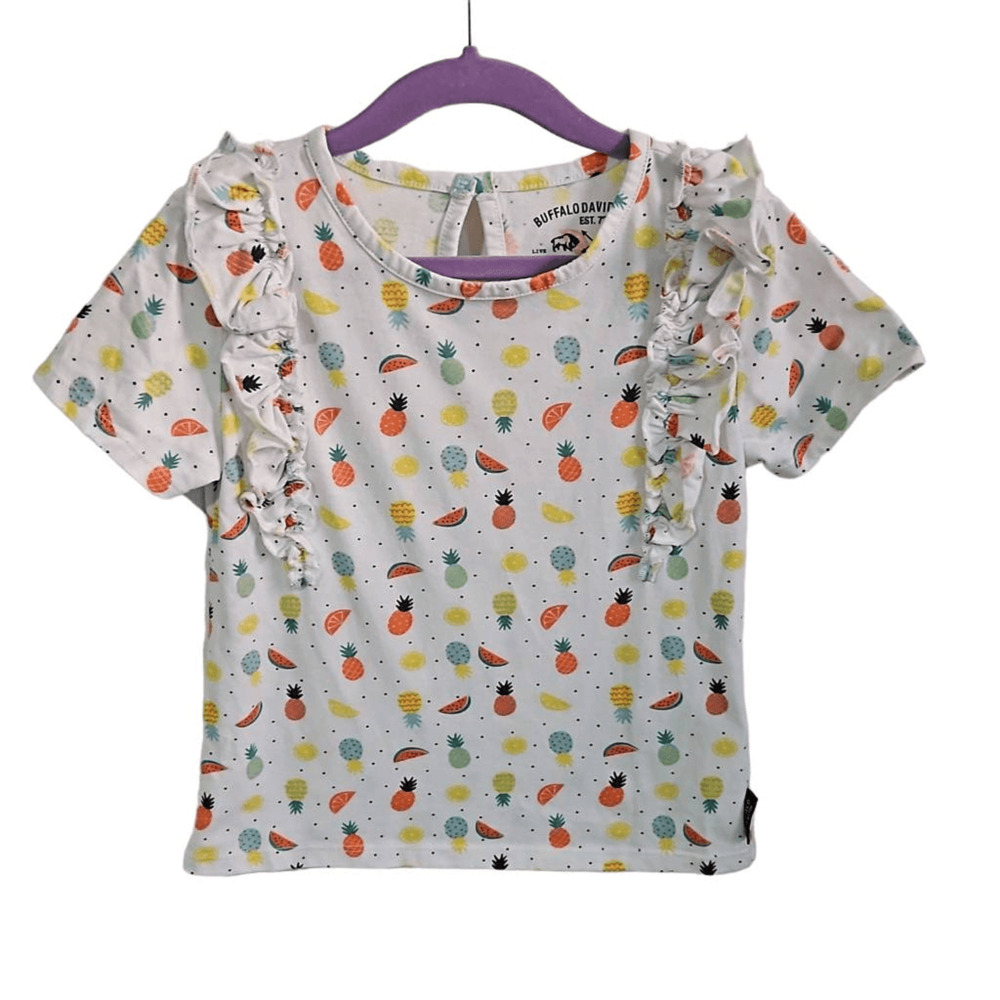 Buffalo David Bitton Kids 6 White Flutter Blouse Top White With Fruit Pattern